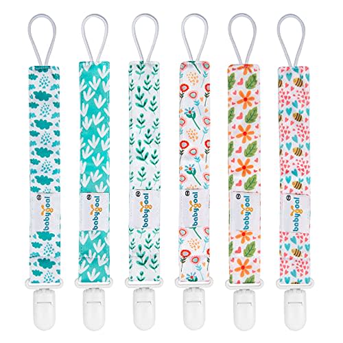 Babygoal Floral Pacifier Clips, 6 Pack Binky Paci Holder Clips and Leash for Boys and Girls Fits for Most Pacifier, Binkie Styles & Baby Teethers & Toys and Gift 6PS13