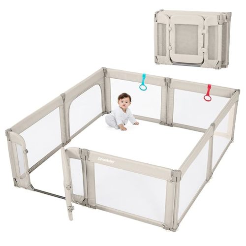 Baby Playpen with Door, Foldable Adjustable Play Pen for Babies and Toddlers,Heavy-Duty Play Yard Fence Play Area, Large Toddler Playpen,Khaki