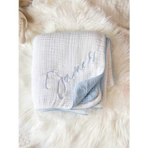 Organic Muslin Baby Blanket, 8 Layer, Wrinkle Gauze, Personalized Baby Blanket, Embroidered Baby Shower Gift Boy