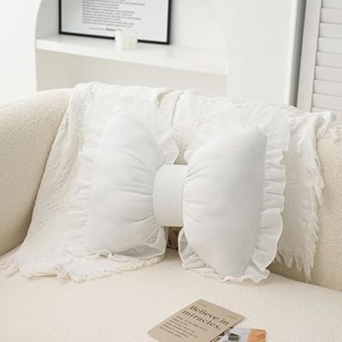 Bow Pillow Cute Bow Shaped Pillows Lumbar Pillow Home Decorative Bowknot Throw Pillow Cushion for Sofa Couch Bed Living Room Bedroom Car Backrest Cushion (White)