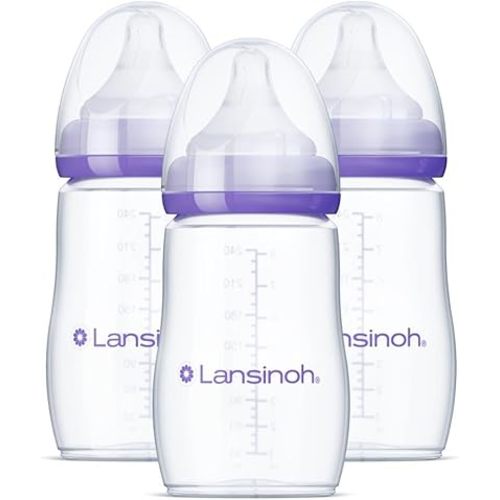 Lansinoh Anti-Colic Baby Bottles for Breastfeeding Babies, 8 Ounces, 3 Count, Includes 3 Medium Flow Nipples, Size M
