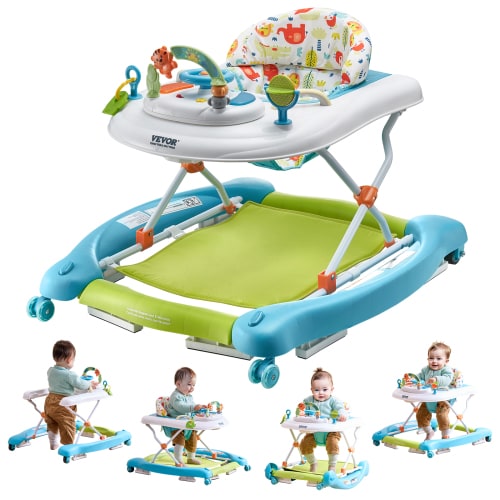 SKYSHALO Baby Walker 4 in 1, Foldable Height Adjustable Baby Walker with Wheels, Infant Toddler Walker with Foot Pads, Anti-Fall Baby Walker With Music & Toys Tray for Boys and Girls 6-24 Months