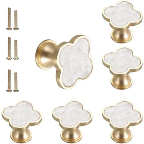 6 pcs Brass Four-Leaf Clover Knobs Handle,Gold Cabinet Knobs Cabinet Drawer Dresser Furniture Kitchen Wardrobe Bathroom Decorative Door Pulls Zinc Alloy Single Hole Handle(White)