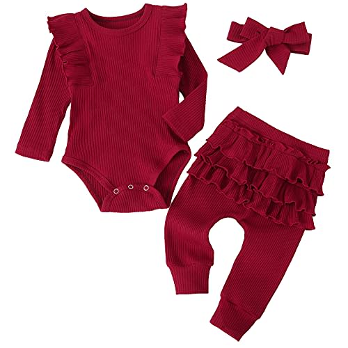 Fullfamous Baby Girl's 3pc Rib Frill Long Sleeve Romper and Pant Set