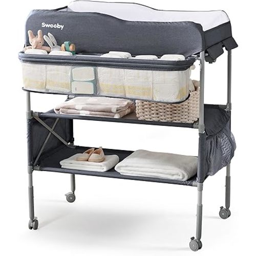 Sweeby Portable Baby Changing Table, Foldable Changing Table Dresser Changing Station for Infant, Waterproof Diaper Changing Table Pad Topper, Mobile Nursery Organizer for Newborn Essentials,Deep Grey