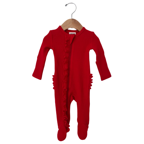 Organic Waffle Ruffle Zip Footie, Red