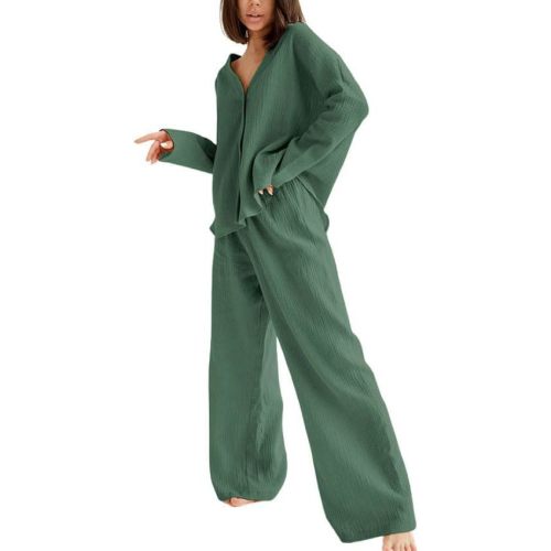 Womens Cotton Gauze Loungewear Sets Casual 2 Piece Sleepwear Button Down Shirt and Wide Leg Pants Outfits