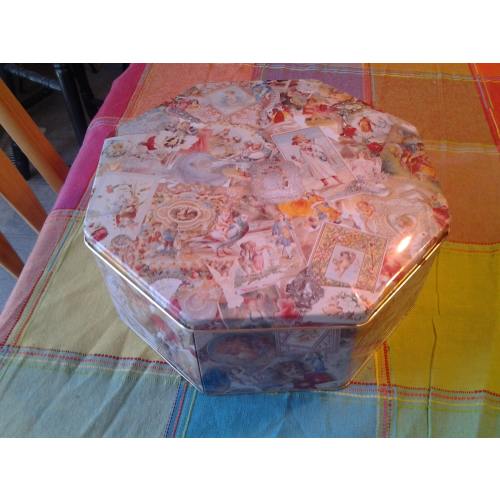 Victorian Style Metal Angelic Collage Print Octagon Cookie or Biscuit Tin/Storage Box