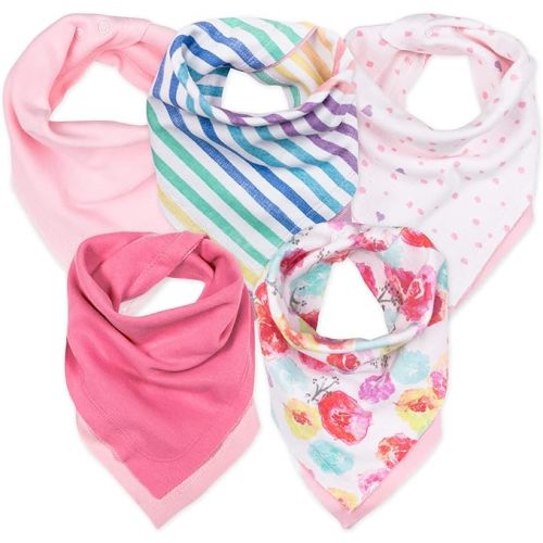 HonestBaby Multipack Reversible Bandana Drool Bibs Burpcloths Adjustable Snaps for Infant Baby Boys,Girls 100% Organic Cotton - 5-pack Rose Blossom - One Size