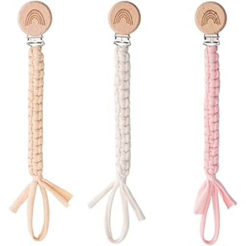 Pacifier Clip for Boys Girls Pacifier Holder Leash Boho Rainbow Wooden Clips Handmade Braided Cotton Unisex Baby Shower Birthday Gift Christmas Gift