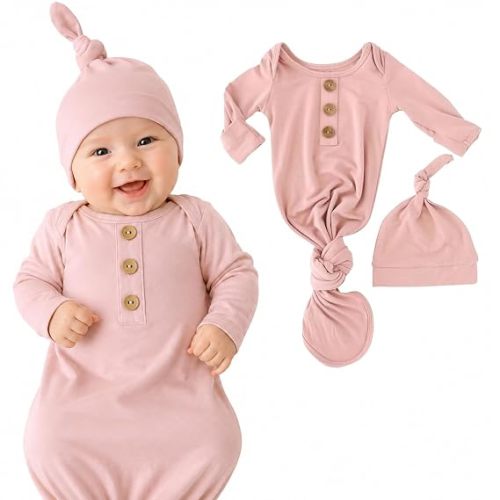 Caden Lane Newborn Knotted Gown with Hat, Soft Bamboo Viscose Baby Sack, Unisex Infant Breathable Night gown Mauve