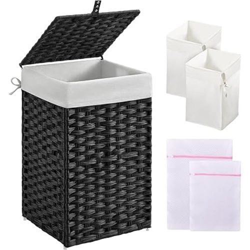 Greenstell Laundry Hamper with Lid, 60L Clothes Hamper with 2 Removable Liner Bags & 2 Mesh Bags, Handwoven Synthetic Rattan Basket, Toys in Bathroom, Bedroom Black