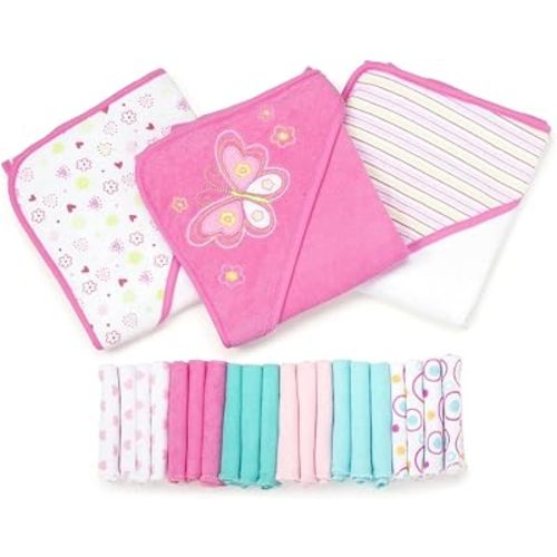 Spasilk Bath Hooded Towels & Washcloths Set for Babies, 23-Piece Gift Set, Pink Butterfly, (Gift GBA23 07)