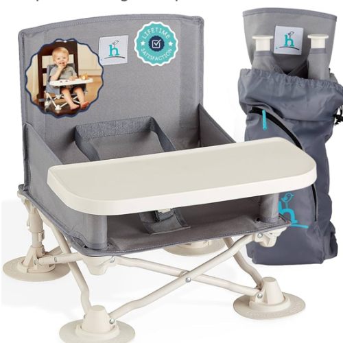 Hiccapop OmniBoost Travel Booster Seat with Tray for Baby, Dining Table, Camping, Beach, Grandma’s | Folding Portable Tip-Free Design Straps to Kitchen Chairs