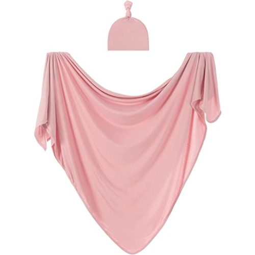 Large Jersey Knitted Swaddle Blanket for Baby, Soft Stretchy Receiving Blanket for Newborns with Hat, Large 47 x 47 inches (Rose)