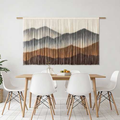 Hand-Dyed Mountain Macrame Wall Hanging, Boho Tapestry Backdrop, Handmade Cotton Rope Artwork, Modern Landscape Wall Decor, New House Gifts