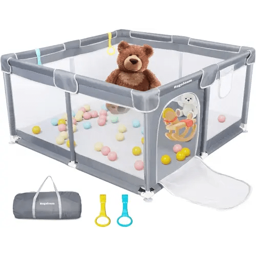 Regaloam Baby Playpen for Babies and Toddlers,50''x50'' Play Pen with Anti-slip Base, Sturdy Safety Baby Play Yard with Soft Breathable Mesh, Baby Fence with 2 Pulling Rings and Portable Bag
