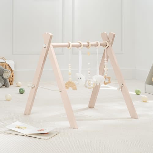 Comfy Cubs Baby Play Gym Set, Wooden Baby Playgym, Interactive Activity Center Hanging Bar with Gym Toys, Foldable for Infants, Newborn Gift for Baby Girl and Boy (Blush)