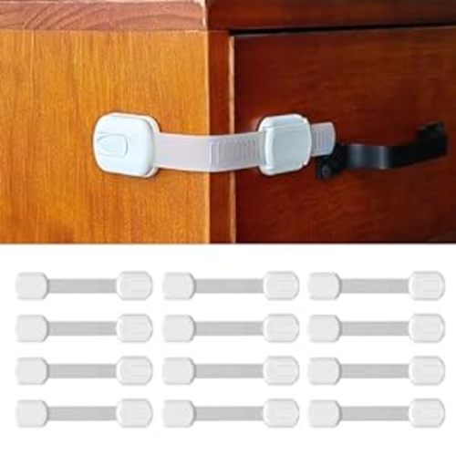 12 Pack Vmaisi Multi-Use Adhesive Straps Locks - Childproofing Baby Proofing Cabinet Latches for Drawers, Fridge, Dishwasher, Toilet Seat, Cupboard, Oven,Trash Can, No Drilling (White) (12)