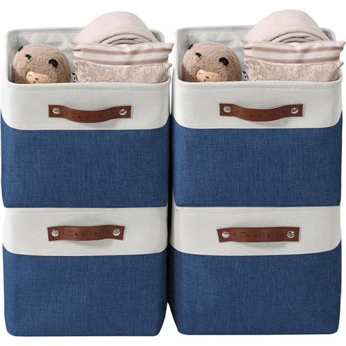 DECOMOMO Storage Bins Fabric Storage Baskets for Shelves, Linen Closet Organization Toys Nursery (Navy Blue and White, Large - 4 Pack)