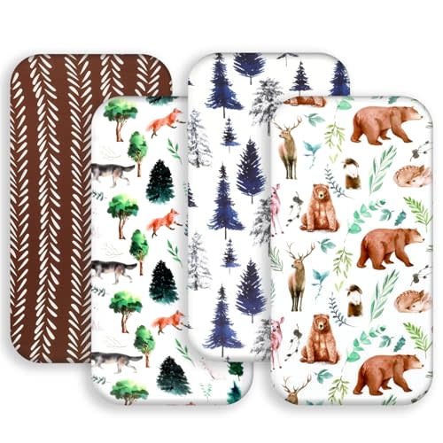 4 Pack Bassinet Sheets Woodland Forest Animals Wood Neutral Unisex Fitted Baby Bassinet Sheets Set for Standard Bassinets for Baby Boys or Girls