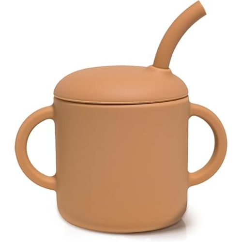 Premium Silicone Baby Straw Cup 6 floz, BPA-Free Food-Grade Silicone Sippy Cup for Infants and Toddlers 6months+, Leak-Resistant, Durable, Easy-Grip Training Design (Natural)
