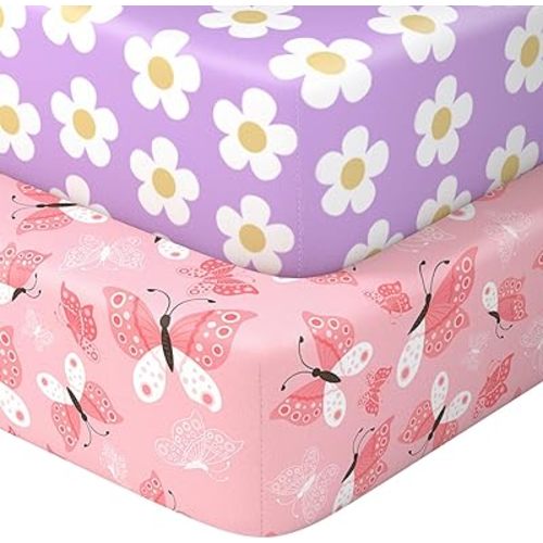 Baby Crib Sheets 2 Pack for Boys and Girls Fit for Standard Crib Toddler Mattress Breathable Soft Microfiber Baby Sheet 28x52x8in(Daisy & Black Butterfly)