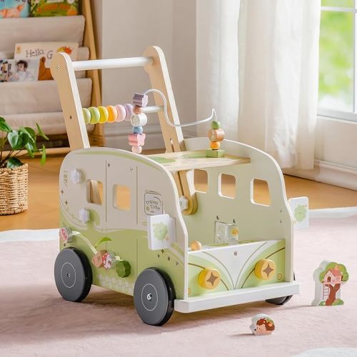 ROBOTIME Wooden Baby Walker, Baby Push Walker, Baby Activity Center Toys, Ajustable Speed Multi-Functional Baby Walker with Wheels for Boys and Girls(Vacation Bus)