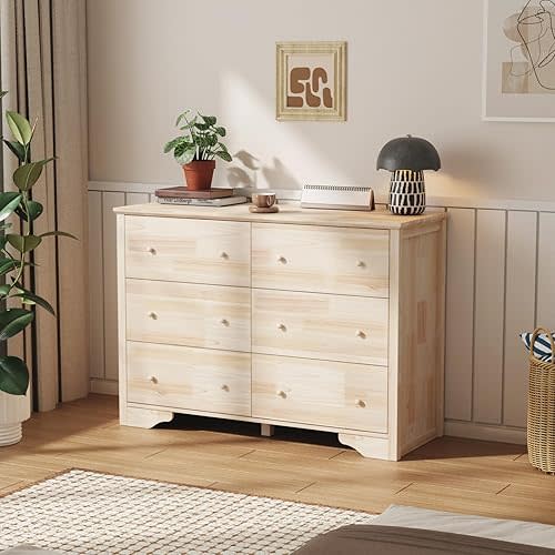 VINGLI Solid Wood Dresser with Unfinished Wood for Color DIY, Natural Wood Dresser 6 Drawer, Real Wood Dresser for Bedroom, 47.16" W*17.72" D*33" H