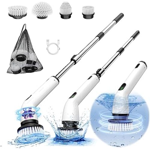 Electric Spin Scrubber, New Cordless Shower Cleaning Brush with Replaceable Brush Heads, Adjustable Speeds, and Adjustable Extension Handle for Bathroom Floor and Tile