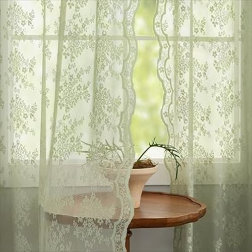 YJ YANJUN Sage Green Sheer Curtains 72 Inch Long 2 Panels Set Floral Patterned Boho Net Curtains Boy Girl Baby Lace Gauze Curtain for Bedroom French Door Sliding Door 6 FT Length