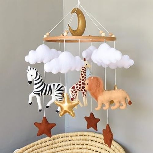 Safari Mobile for Crib Animal Jungle Mobile Baby Safari Nursery Room Decor Africa Safari Theme (Elephant, Lion, Zebra, Giraffe) Handmade