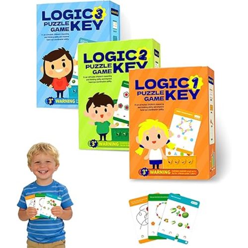 3 Levels Difficulty Toddler Preschool Educational Logic Key Toys, 64 Active Logic Flashcard Puzzles, for Kids with Card Base & Key,Logic Puzzle for Kids (3)
