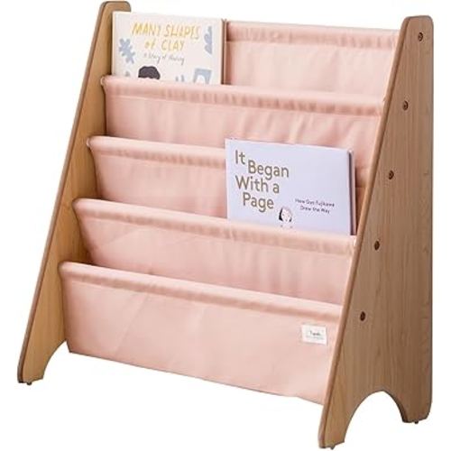 3 Sprouts Recycled Fabric Kids Bookshelf – 4-Tier Sling Book Rack Organizer - Nursery Room Playroom Classroom Wooden Book Shelves - Kid Bookcase Wood Storage Shelf for Toddler Age 3+ - Clay