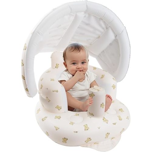 Inflatable Baby Seat with Removable Canopy for Babies 3 Months & Up, Baby Floor Seats for Sitting Up, Baby Seats for Infants, Blow Up Baby Chair with Built in Air Pump - Bear
