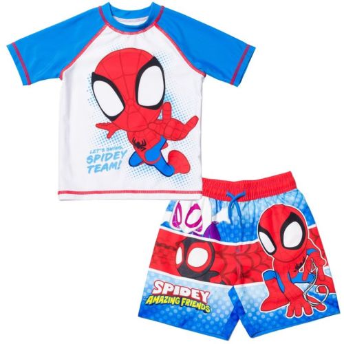 Marvel Spidey and His Amazing Friends Toddler Boys' Graphic Raglan Short Sleeve Swim Shirt and Board Shorts Set with Drawstring White 3T