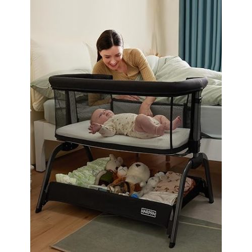 HARPPA Cuddly Bassinet, 2 in 1 Baby Bassinet with Breathable Mesh and Mattress, 6 Height Adjustable, Bedside Sleeper with Anchor Strap, Storage Basket and Wheels