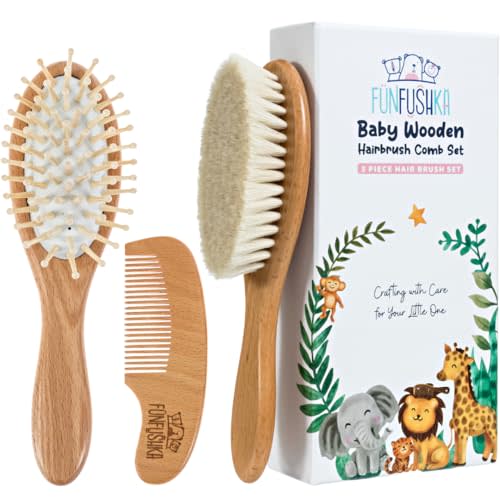 FUNFUSHKA Wooden Baby Hair Brush and Comb Set for Newborns - Soft Bristle Baby Brush and Comb for Gentle Scalp Care - Perfect Baby Registry Gift Set – Baby Cradle Cap Brush for Newborn (Beechwood)