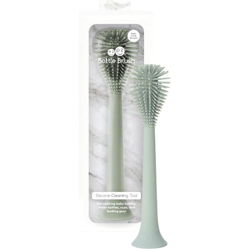 ezpz Bottle Brush (Sage) - Silicone Bottle Cleaning Tool with Long Sturdy Handle - Flexible Top for Tight Spaces - Gently Cleans Cups, Glasses, Bottles and Accessories - Suction Base, BPA-Free
