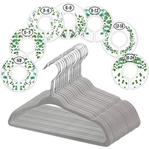 Baby Hangers and Closet Size Dividers - 7X Botanical Clothing Dividers with 20x Velvet Hangers for Baby Closets - Nursery Clothes Organizer - Eucalyptus Vines Leaf Plant Greenery Décor [Botanical]