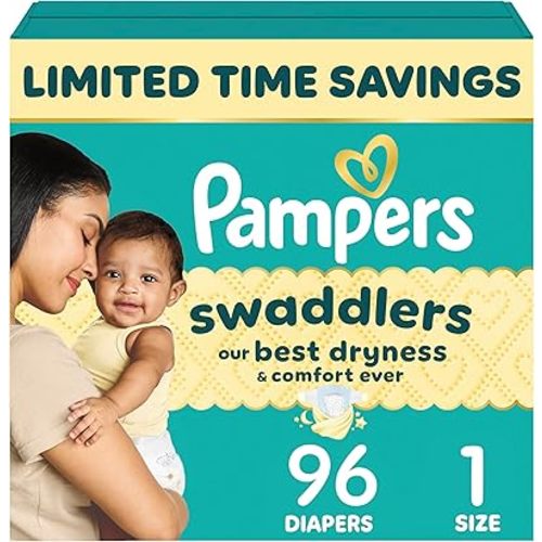 Pampers Swaddlers Diapers, Size 1 (8-14 lbs), 96 Count, Absorbent, Keeps Baby Dry and Comfortable, Skin Safe Disposable Baby Diaper (Packaging May Vary)