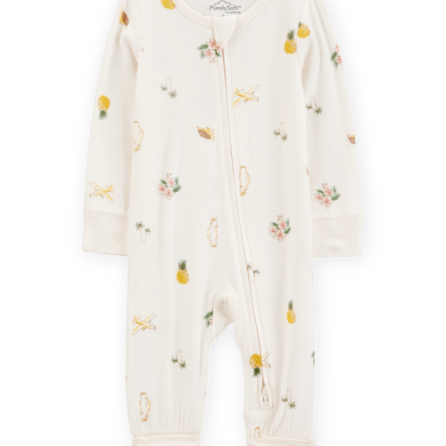 Ivory Baby Tropical Print 2-Way Zip PurelySoft Convertible Foot Sleeper Pyjamas - Ivory | Carter’s Oshkosh Canada