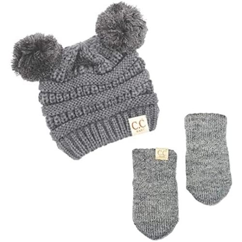 Funky Junque Knit Infant Double Pom Pom Beanie and Matching Fleece Lined Soft Mittens Set for Baby Newborn Boy Girl