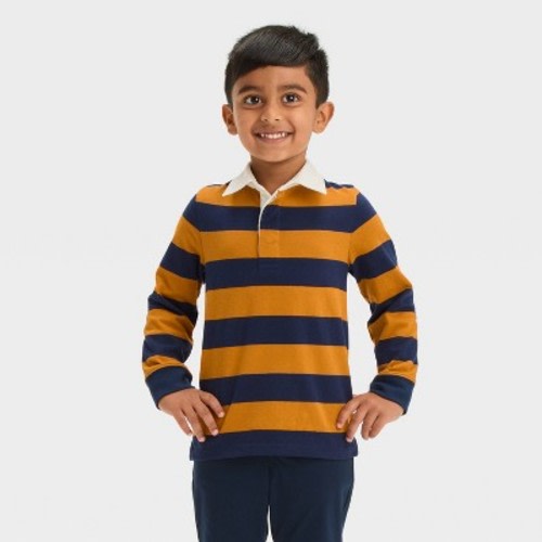 Toddler Boys' Long Sleeve Striped Rugby Shirt - Cat & Jack™ Blue/Mustard Yellow 18M