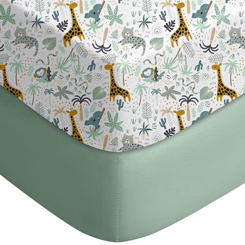 Yoofoss Pack and Play Sheets Fitted, Mini Crib Sheets 2-Pack for Pack N Play Mattress, Stretchy Playard Sheet, Soft and Breathable Green+Giraff