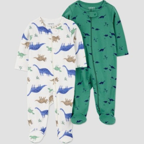 Carter's Just One You®️ Baby Boys' 2pk Dinos Sleep N' Play - Green/Ivory Newborn: Cotton Footed Pajamas