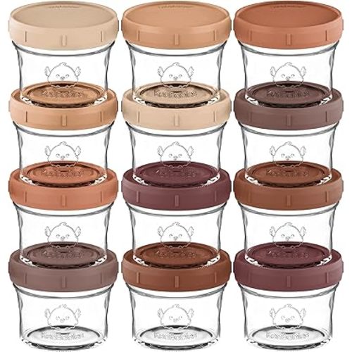 KeaBabies 12pk 4oz Glass Baby Food Containers - Leak-Proof, Microwavable Small Baby Glass Jars with Lids, Baby Food Storage Containers, Baby Snack Containers, BPA-Free Baby Food Jars (Terracotta)
