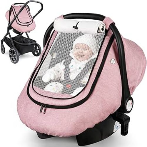 Rquite Car Seat Cover Baby, Winter Carseat Covers Boy Girl, Waterproof Infant Car Seat Cover Warm Car Seat Canopy for Cold Weather, Windproof Baby Carrier/Stroller Cover with 2 Layers Windows, Pink