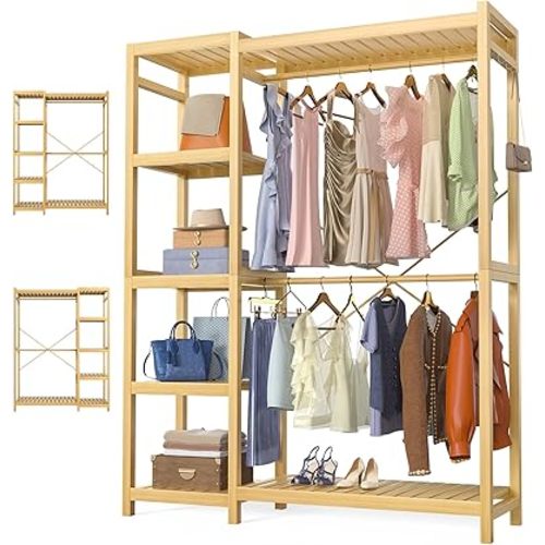 Homykic Bamboo Clothes Rack Garment Rack for Hanging Clothes, Heavy Duty Clothing Rack with 7 Tiers Adjustable Shelves, Double Rods, 4 Hooks, Freestanding Closet System Organizer Wardrobe, Natural