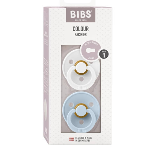 BIBS Pacifiers Colour Collection | Natural Rubber Baby Pacifier | Set of 2 BPA-Free Soothers | Made in Denmark | 0+ Months (Pack of 2) | Baby Blue/White